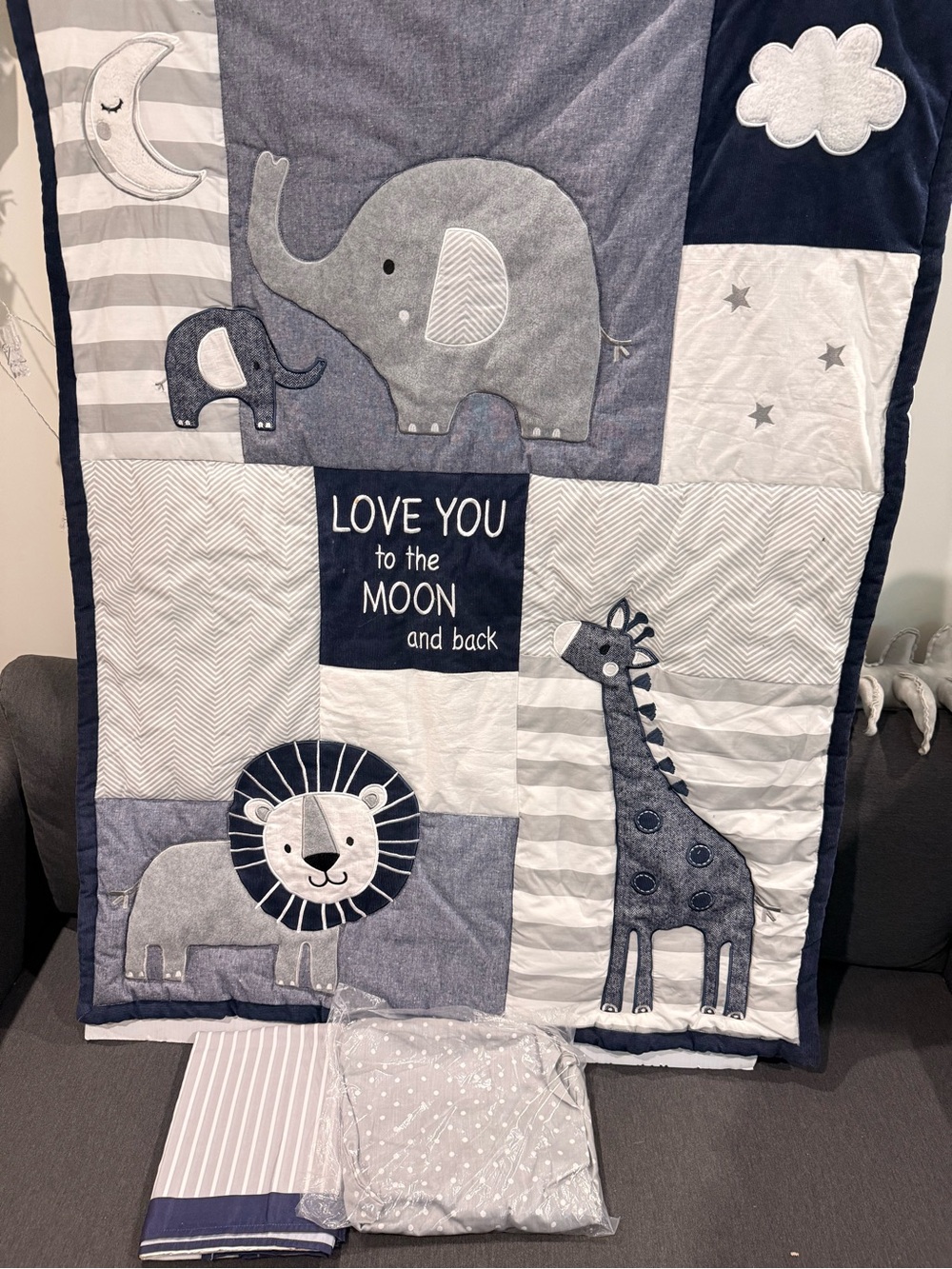 Navy & Gray Elephant, Lion & Giraffe Baby crib bedding set New see details